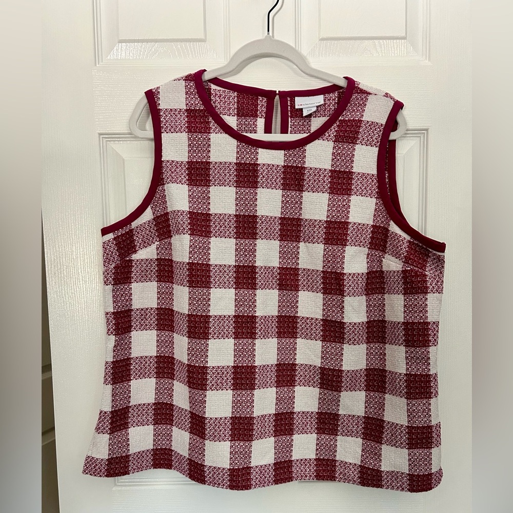 Liz Claiborne Women’s Sleeveless Gingham Tweed Raspberry and White Top